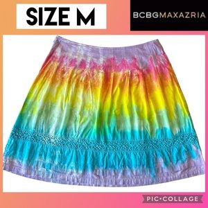BCBGMaxazria Womens Skirt A-Line Rainbow Tie Dye Lined Crochet Detail Size M